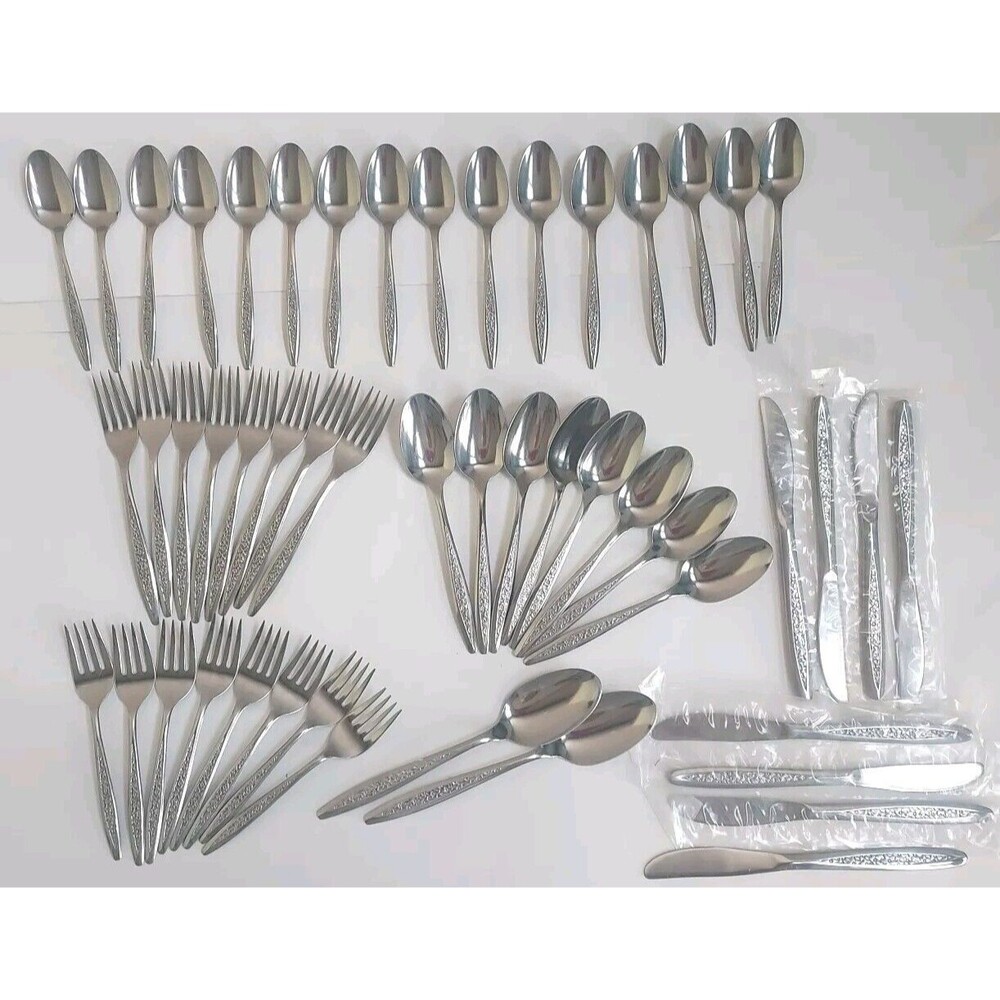 New Superior Stainless USA Radiant Rose 50 Peice Service For 8 + Serving Spoons